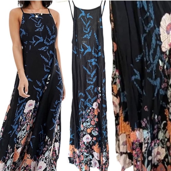 Free People Dresses & Skirts - Free People Black, Navy Blue, Floral Maxi Dress - Low Back, High Neck - Sz large